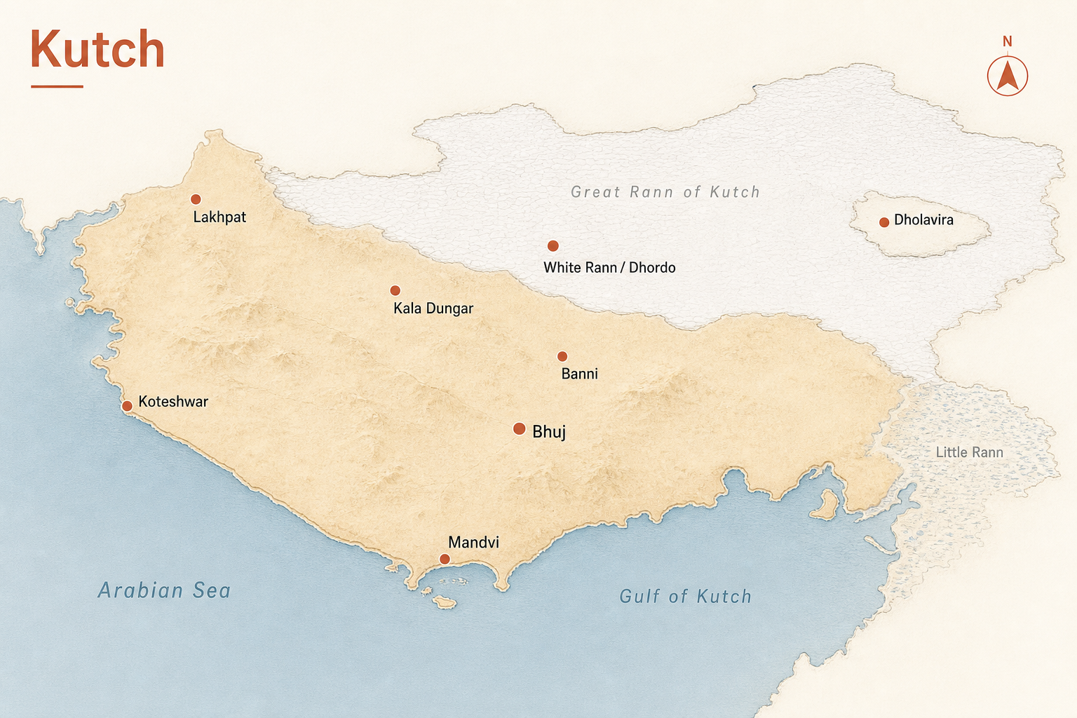 Map of Kutch showing Bhuj, the White Rann, Mandvi, Dholavira, Banni and the western coast