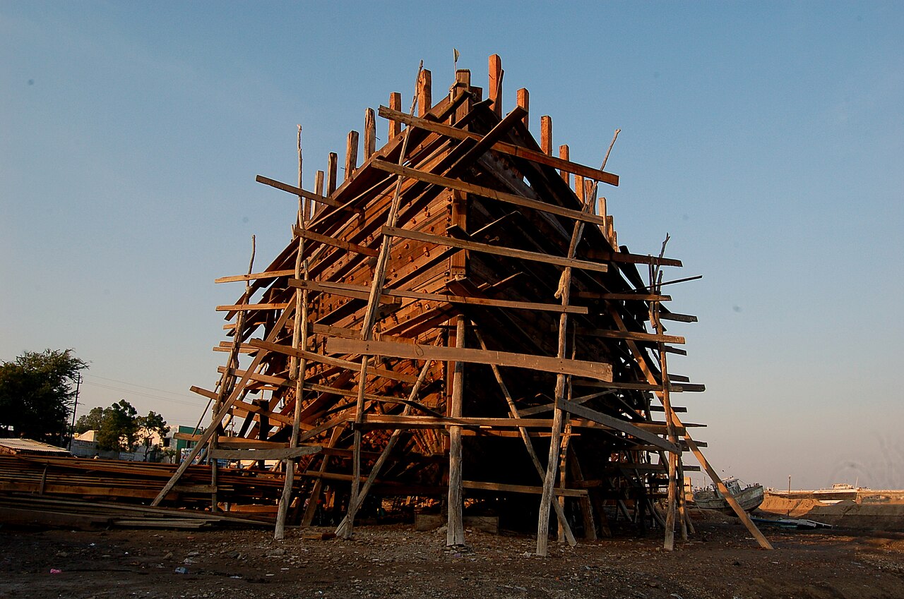 Wooden ship under construction at the Mandvi shipyard